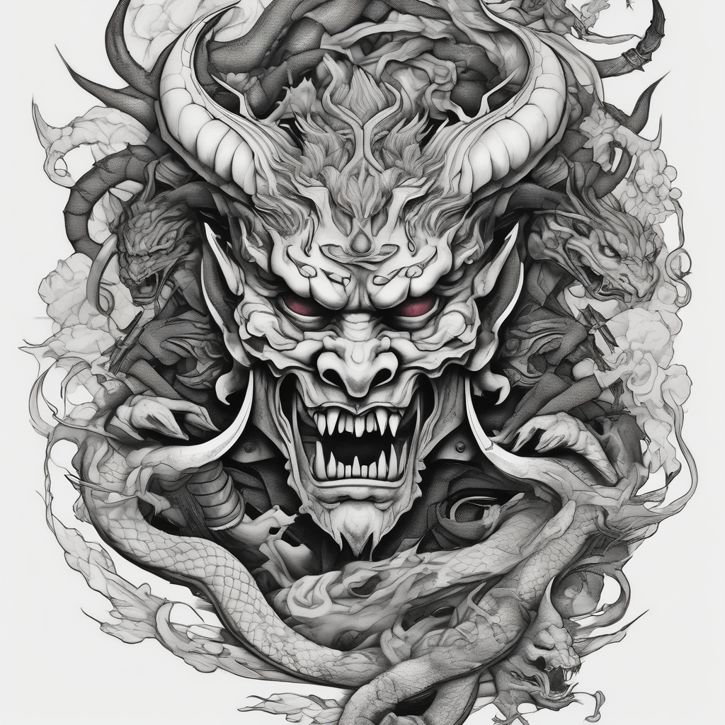 Back Tattoo with An Oni With a broken mask and a Sword, Dragons & snakes glitter tattoo, diseño de tatuaje Surrealista generado con IA